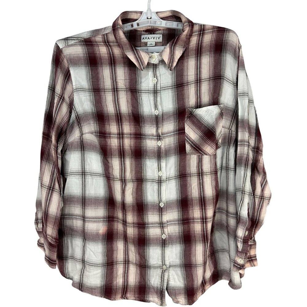 Ava & Viv Burgundy White Plaid Button Down Shirt Plus Size 3X Long Sleeve